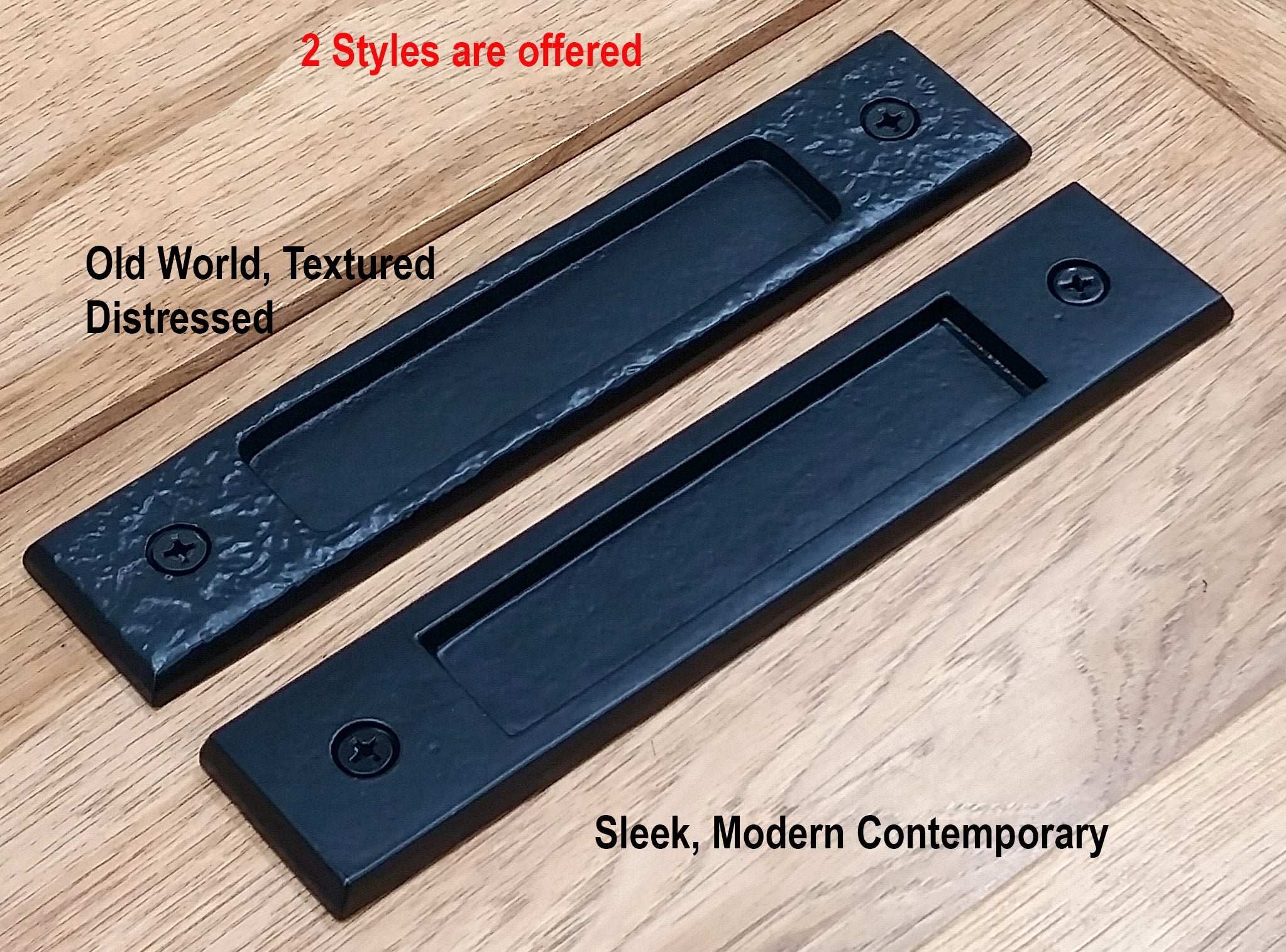 Large flush pull barn door handle in old world distressed style and modern contemporary finish, 10-inch easy mount.