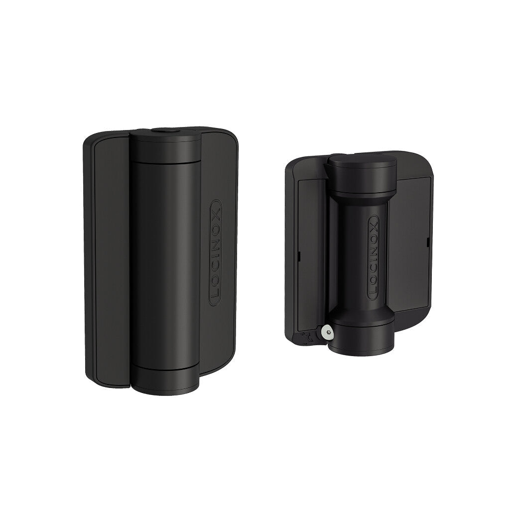 Locinox Caracal 180° gate closer and hinge set with self-closing spring hinge in black finish for square or round frames.