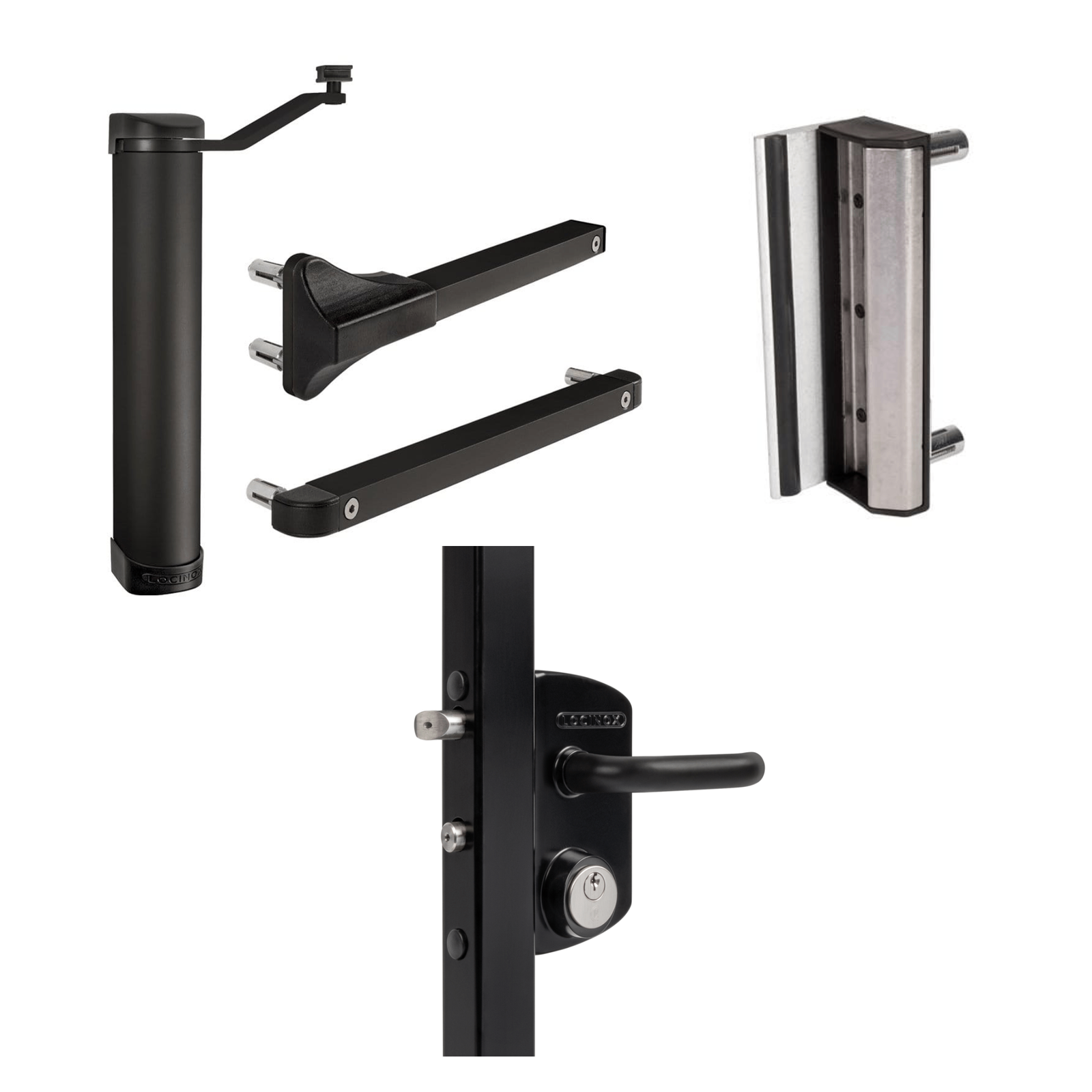 Locinox Lion hydraulic gate closer and lock kit for residential retrofit on 2"-2-3/8" gates, supports up to 165 lb.