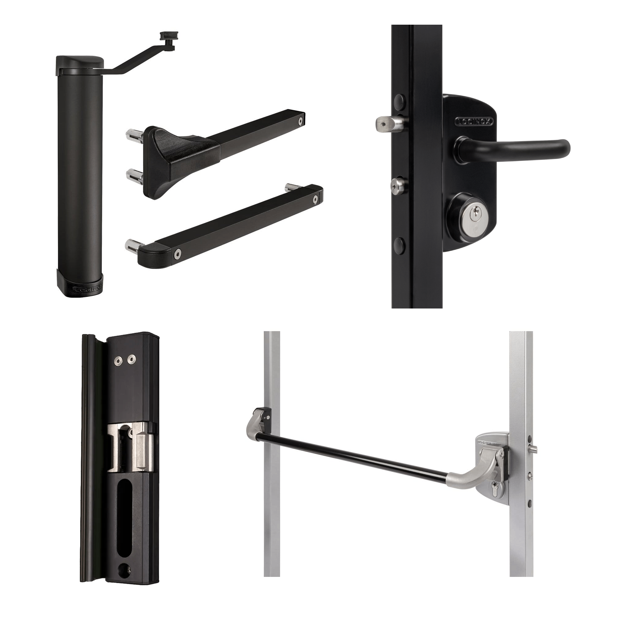 Hydraulic gate closer and lock kit for metal gates, includes electric strike and push bar, supports up to 165 lb.