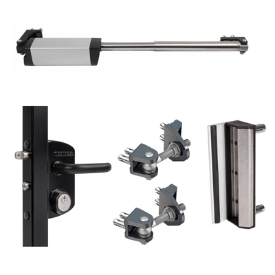 Locinox Samson hydraulic self-closing gate hardware kit with closer, lock, and hinges for metal gates up to 330 lb.
