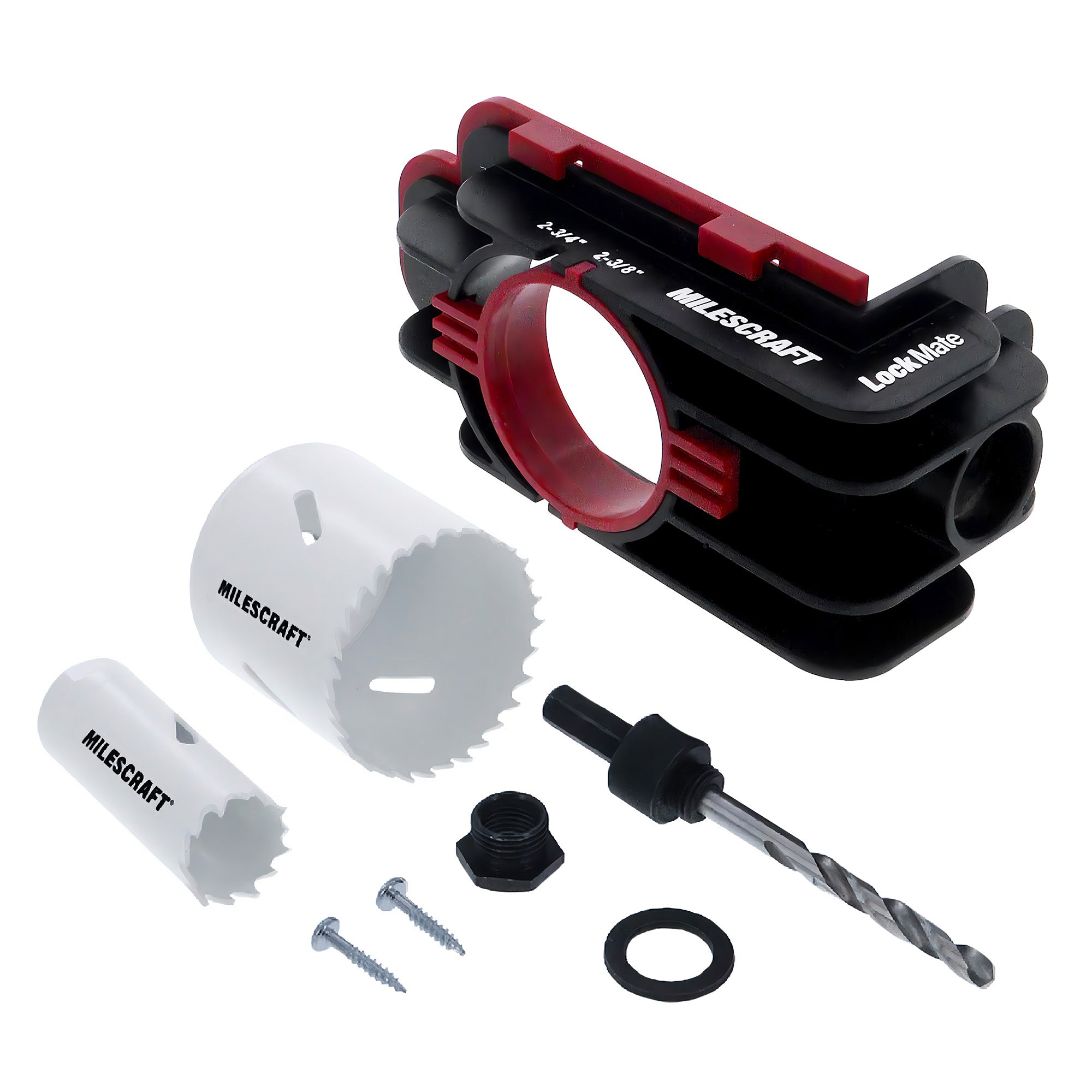 LockMate installation jig set for precise lock installation, includes drill bits, hole saws, and screws.