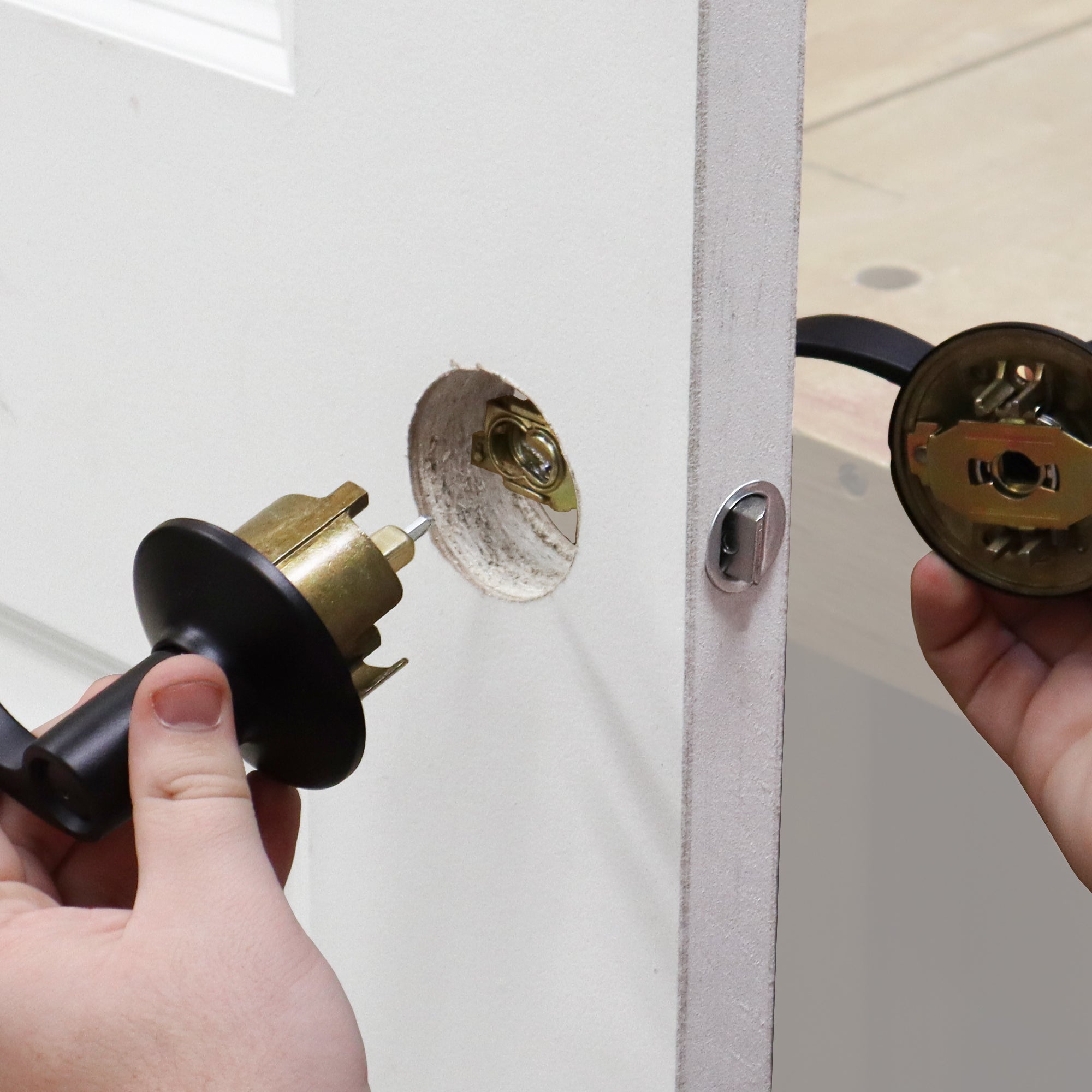 LockMate installation jig set for precise lock fitting on doors, ensuring accurate alignment and easy installation.