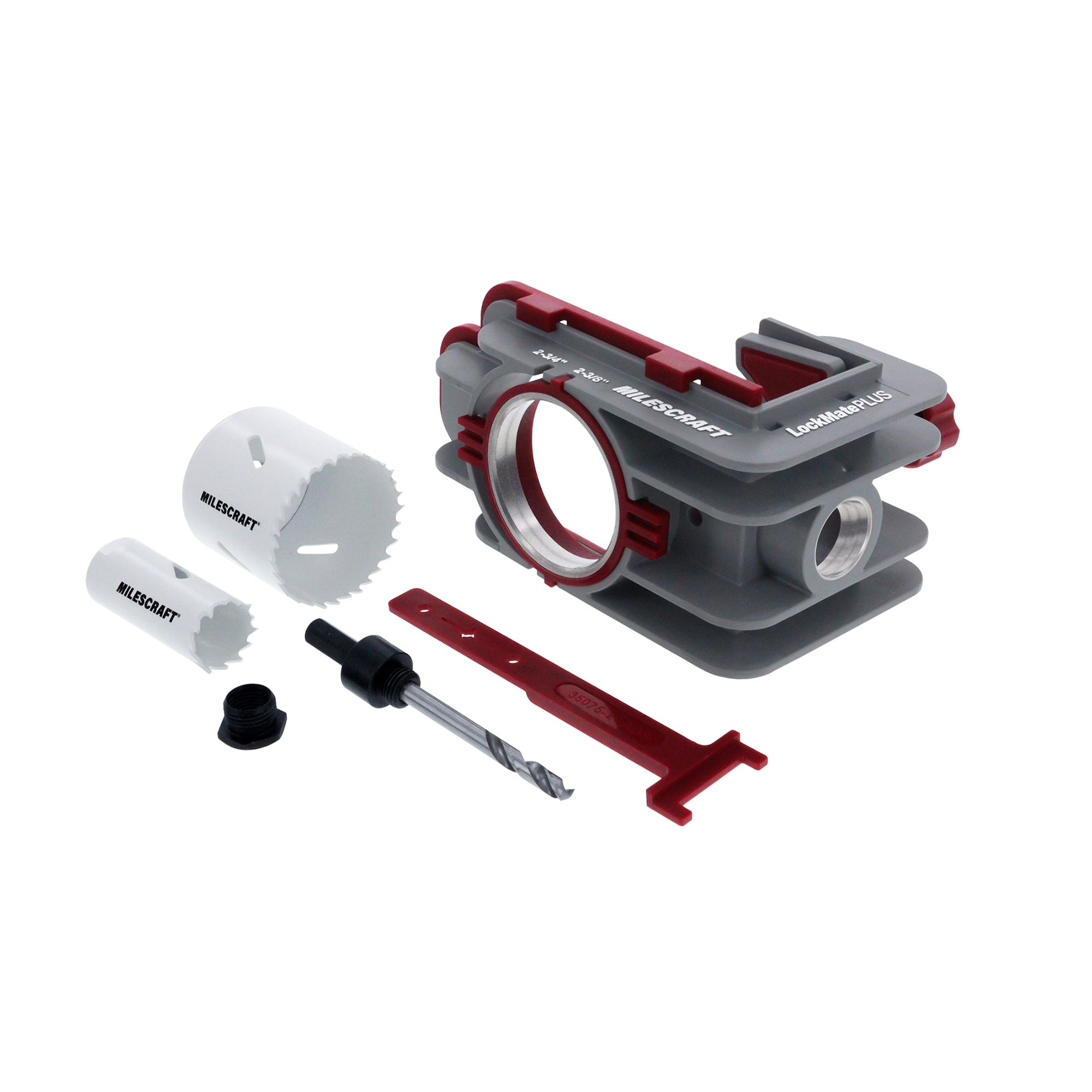 Self-clamping installation jig set for professional lock and knob installation, includes drill bits and hole saws.