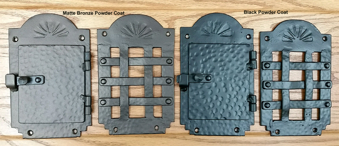 Old Hacienda style peephole hinged iron door viewer kit in matte bronze and black powder coat finishes.