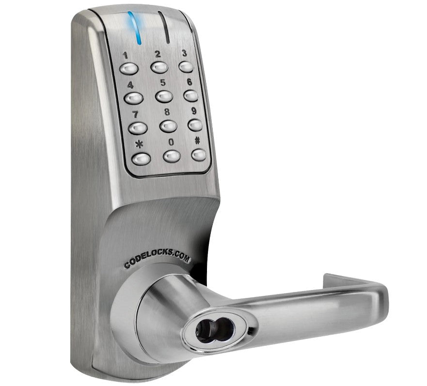 Heavy duty electronic panic access kit for gates with brushed finish and keypad entry for secure outdoor use.