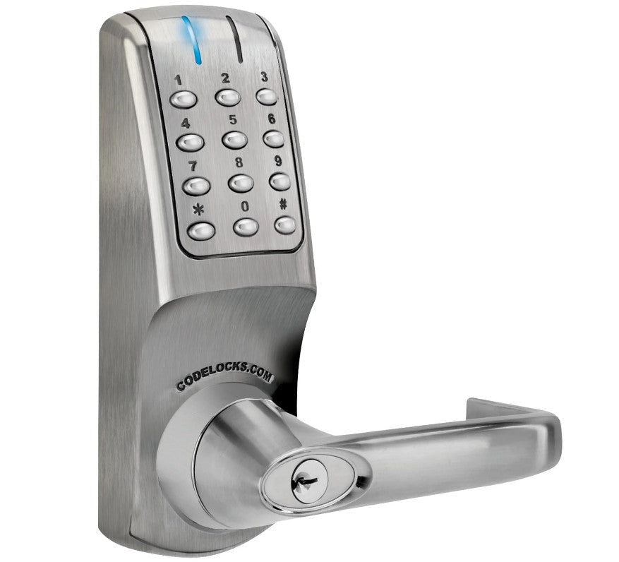 Heavy duty electronic panic access kit for gates, featuring a brushed finish and keypad for secure entry.