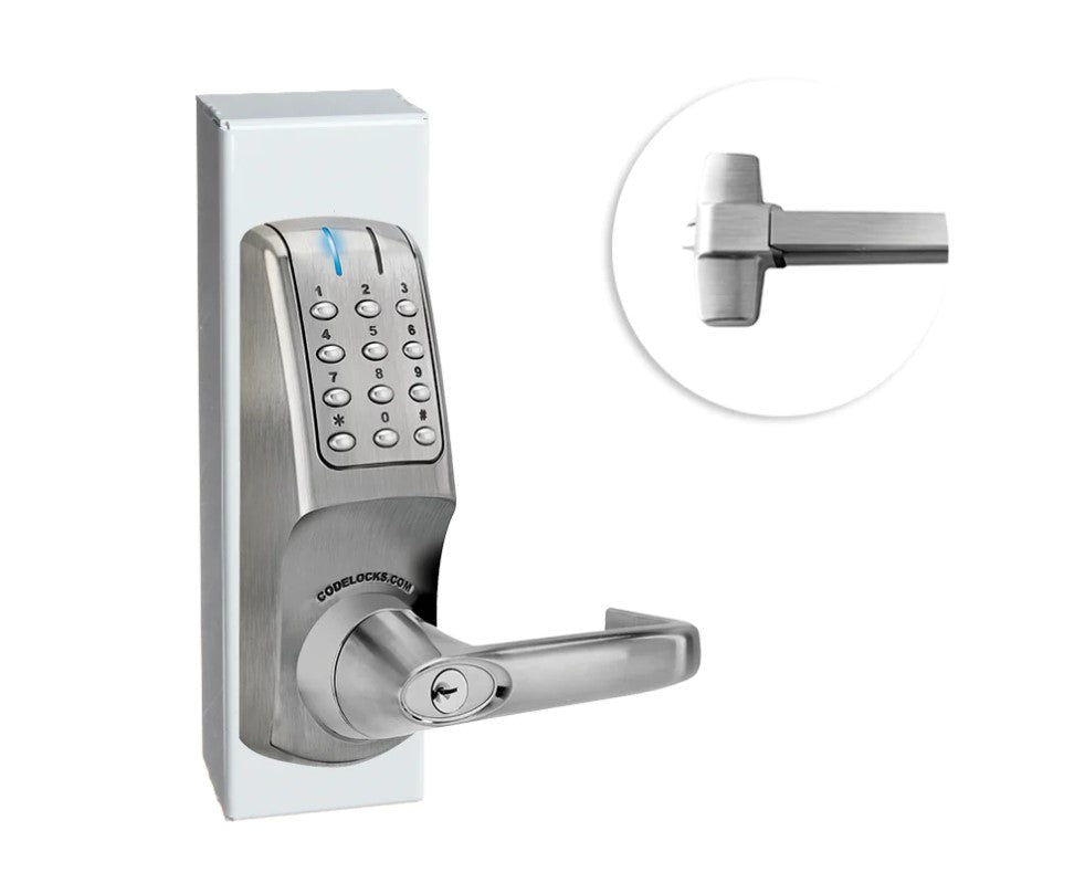 Heavy-duty outdoor panic bar kit for gates, featuring electronic access and a brushed finish for durability.