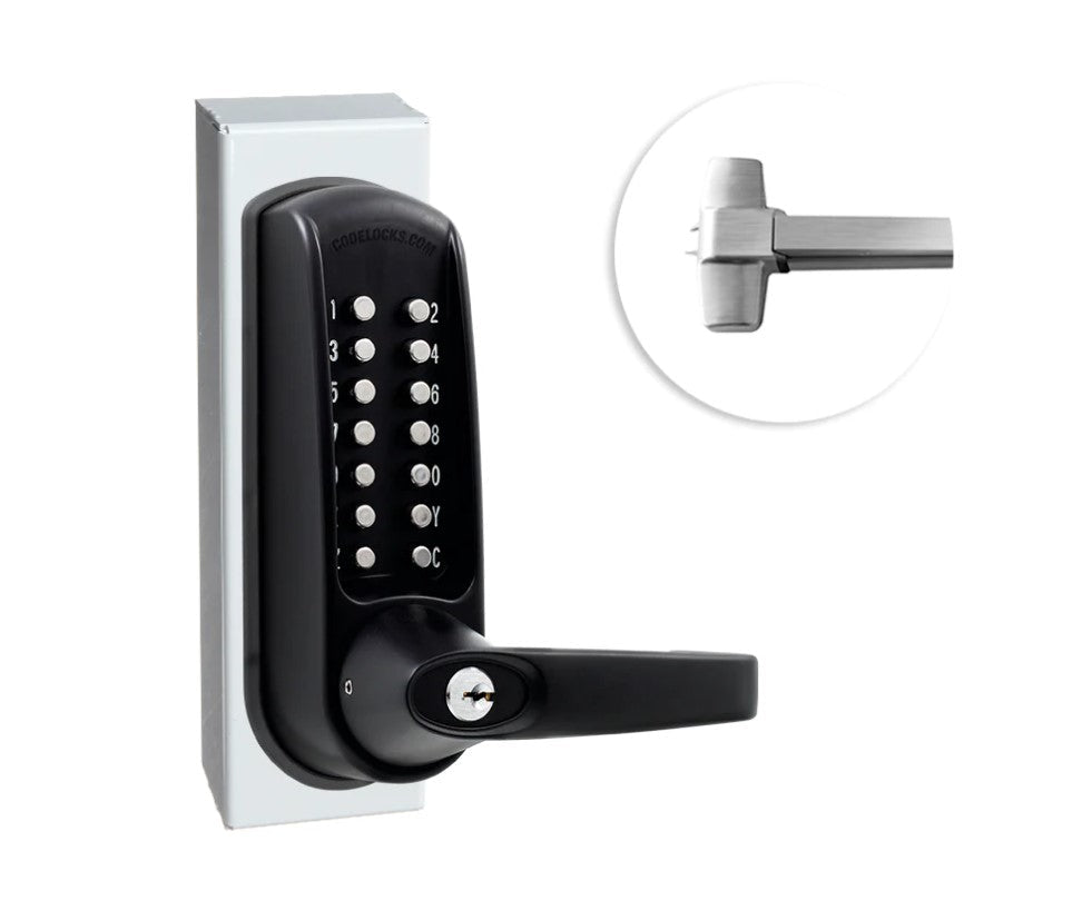 Heavy duty outdoor panic bar kit for gates, featuring mechanical hardware and multiple finish options available.