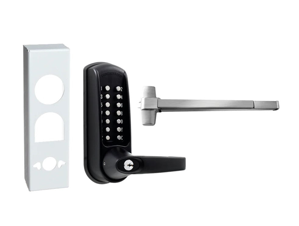 Heavy duty outdoor panic bar kit for gates, featuring multiple finishes and mechanical hardware components.