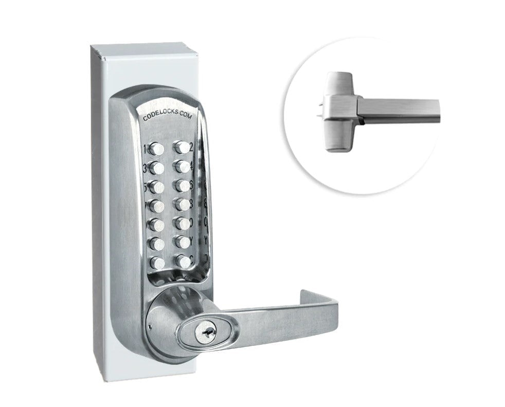 Heavy duty outdoor panic bar kit for gates, featuring multiple finishes and mechanical hardware for security.