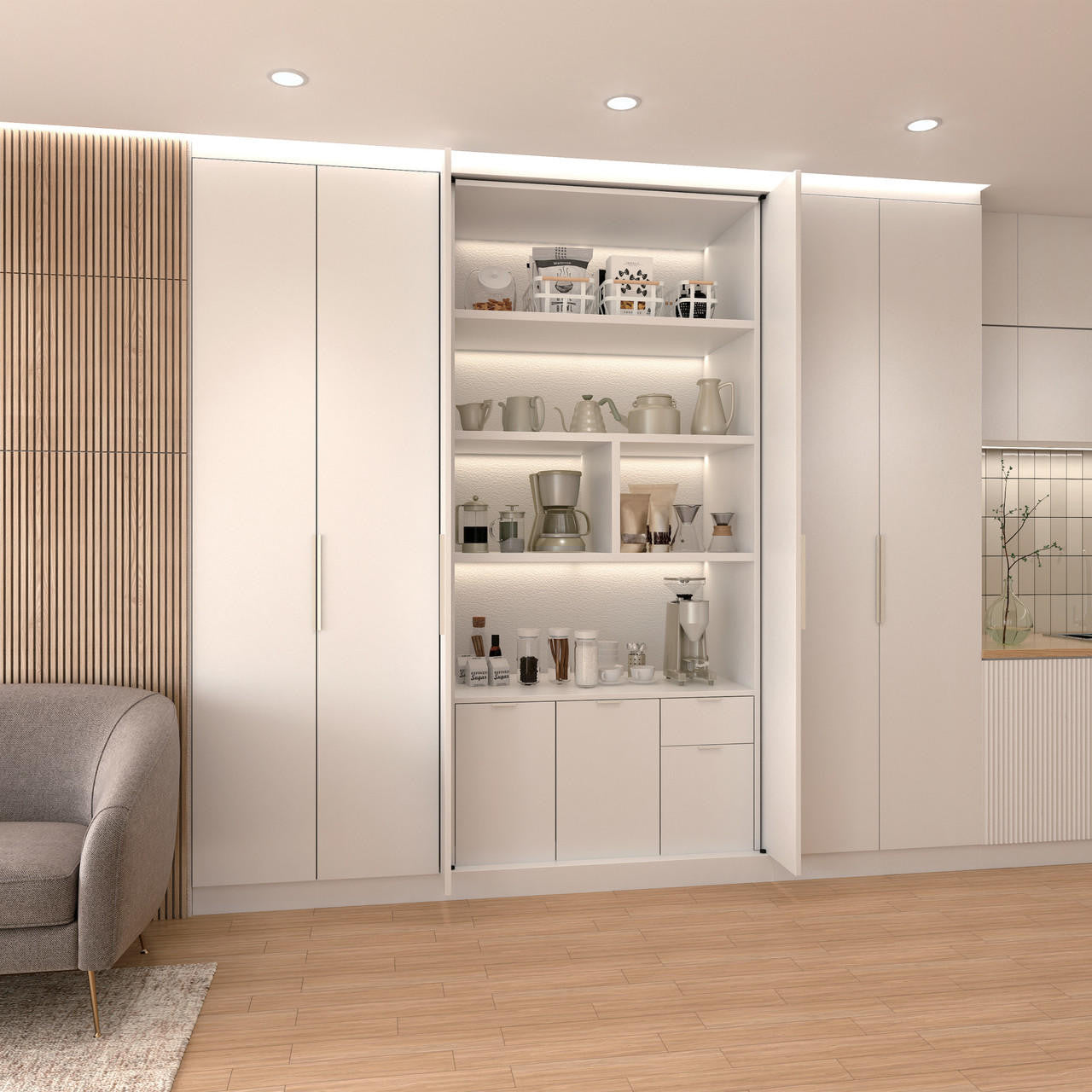 Overlay cabinet pocket door system with soft close feature, suitable for doors up to 44 lbs, in nickel finish.
