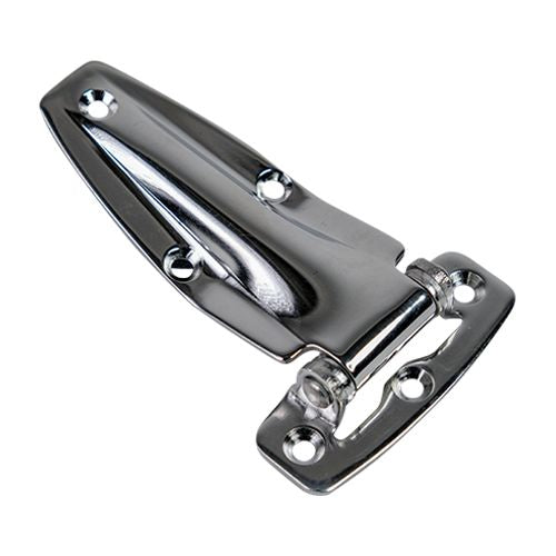 Zinc die-cast refrigeration hinge with a flush design and chrome finish, sold individually for durable use.