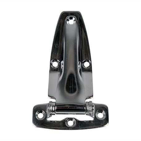 Zinc die-cast refrigeration hinge with a flush design and chrome finish, sold individually for durable use.