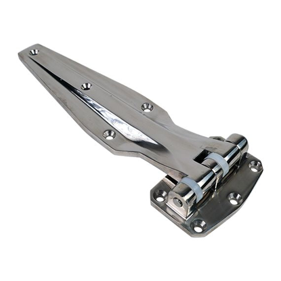 Heavy duty refrigeration hinge made of polished 304 stainless steel, 11-9/16 inches long, sold individually.