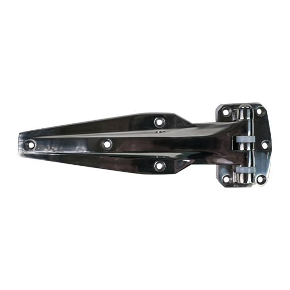 Heavy duty refrigeration hinge made of polished 304 stainless steel, 11-9/16 inches with multiple offsets available.