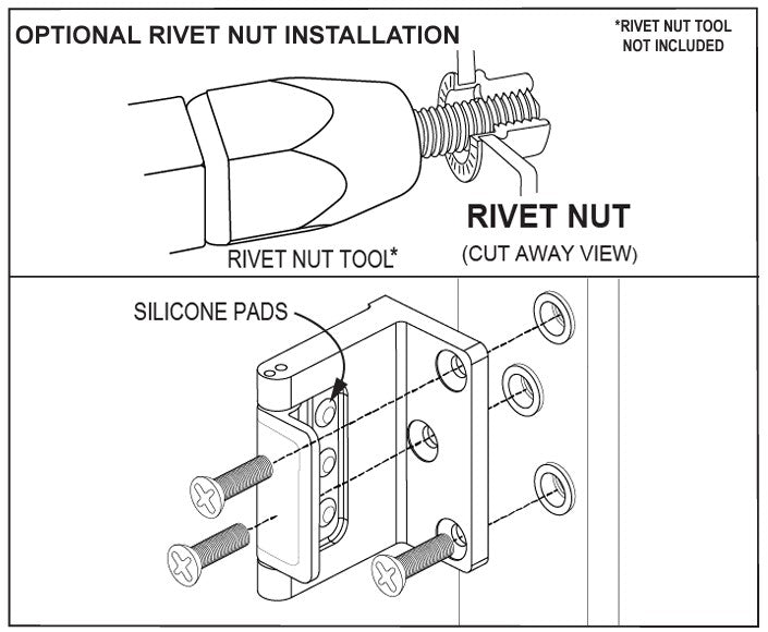 Detailed diagram showing optional rivet nut installation for a privacy door latch, including silicone pads and screws.