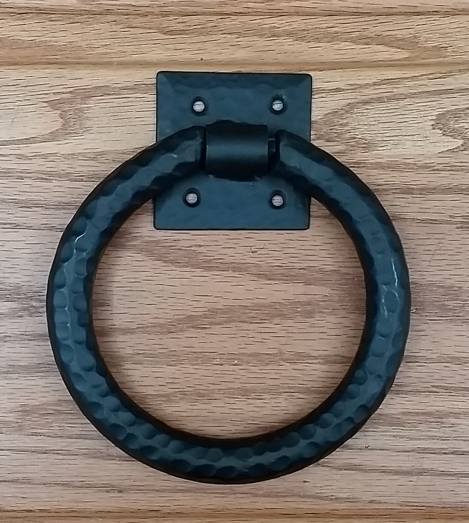 Distressed 6" ring pull with hammered back plate (our largest in this class)