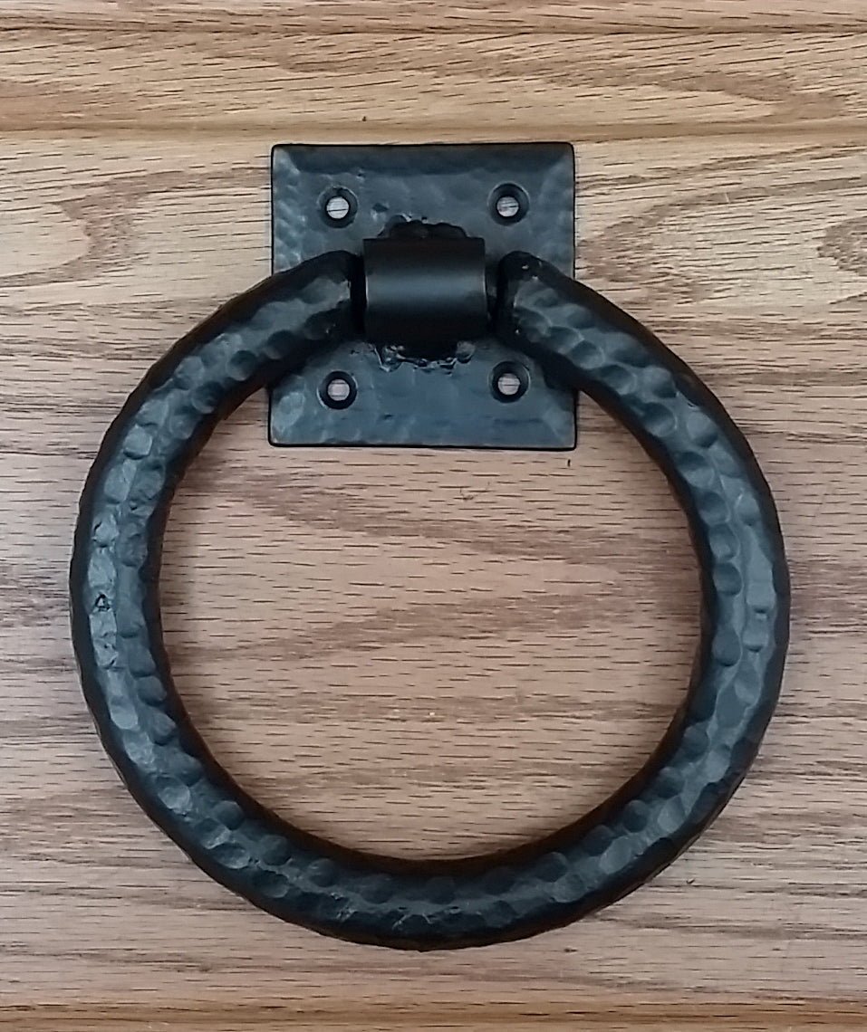 Distressed 6" ring pull with hammered back plate (our largest in this class)