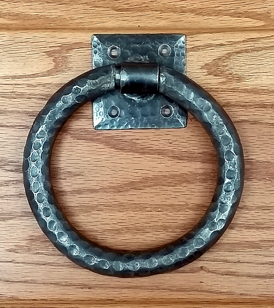 Distressed 6" ring pull with hammered back plate (our largest in this class)