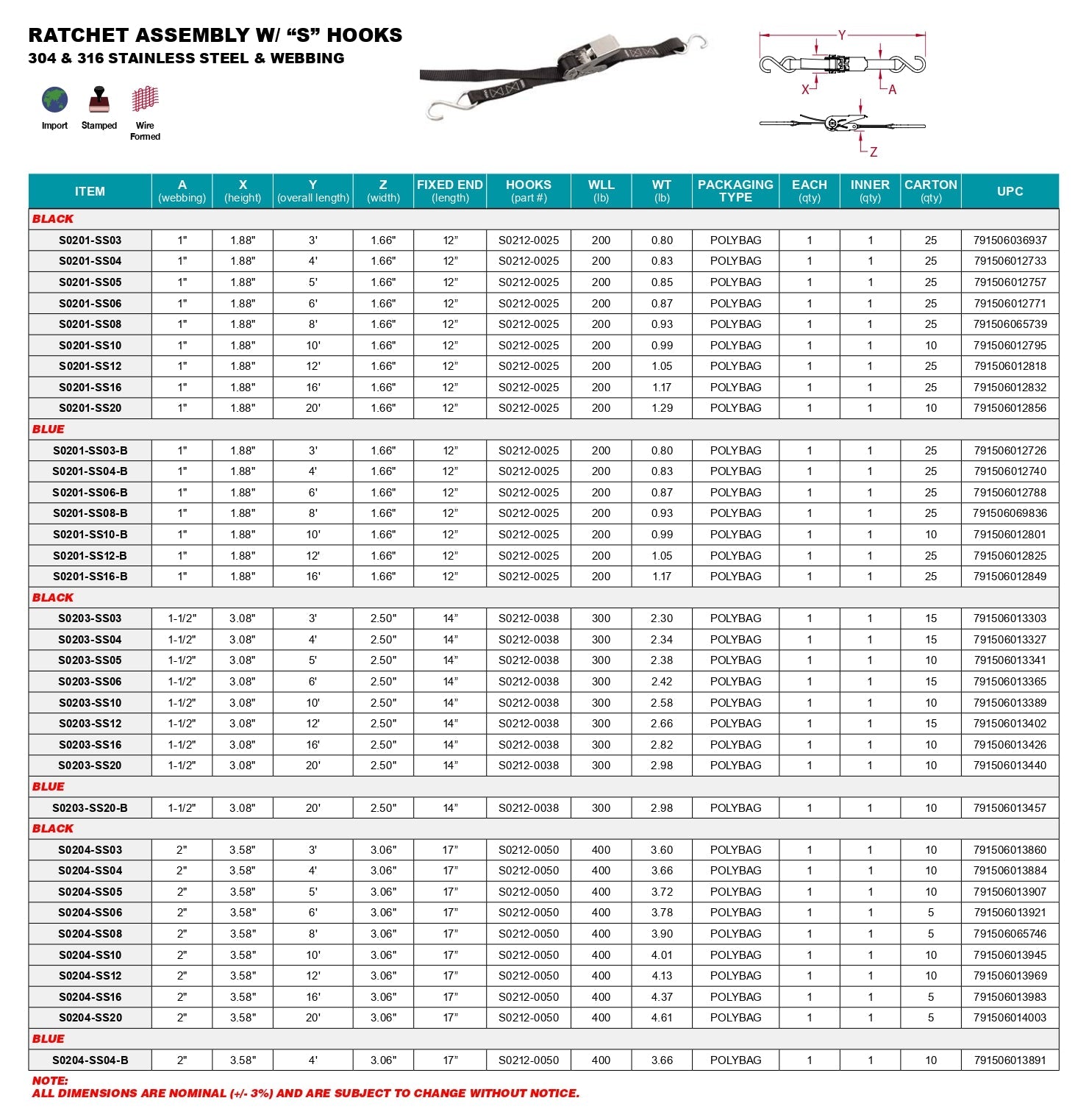 Boat Trailer Parts - Stainless Steel Ratchet Assembly With “S” Hooks