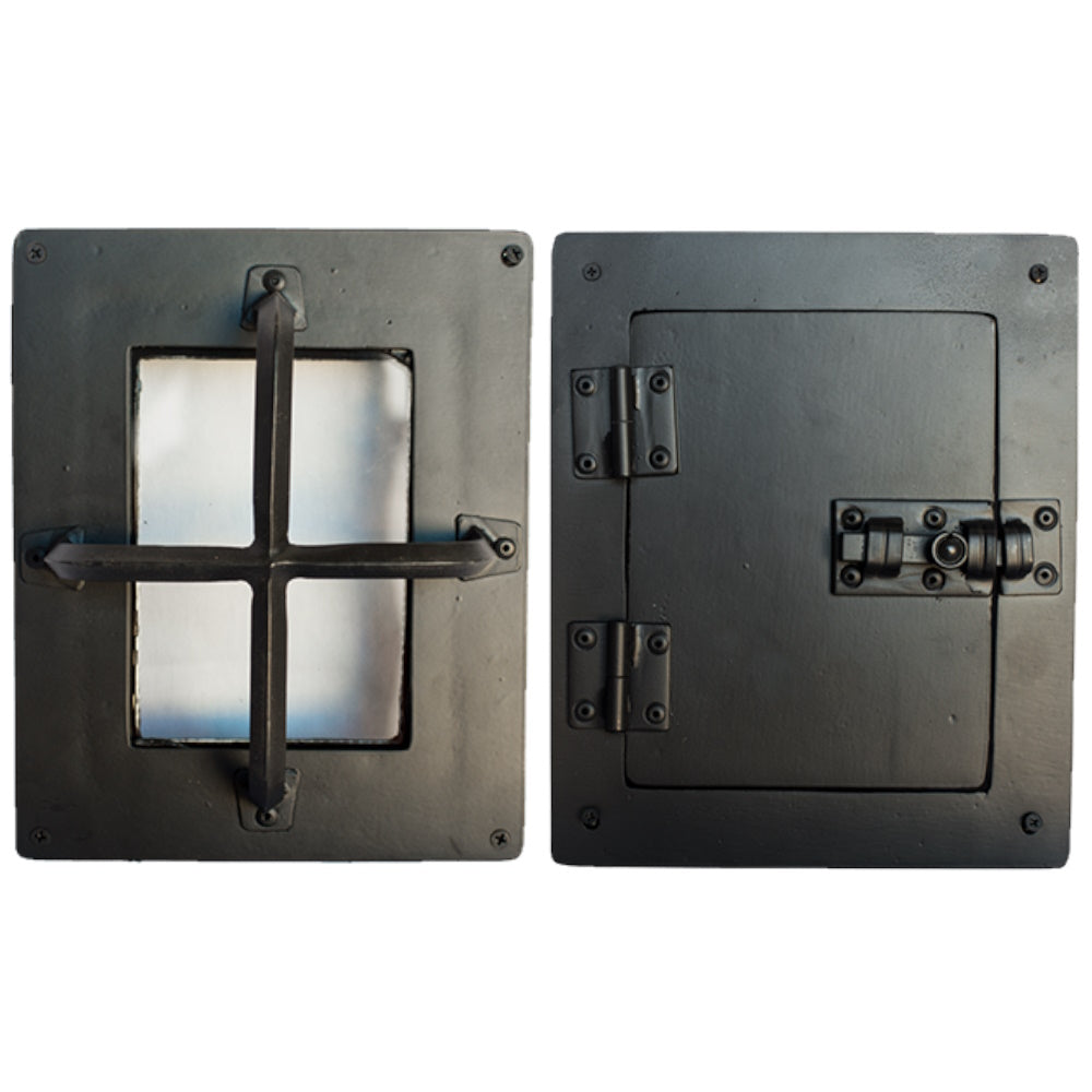 Hinged iron door viewer kit with insulated glass, featuring two bars, available in multiple finishes, sold as a set.