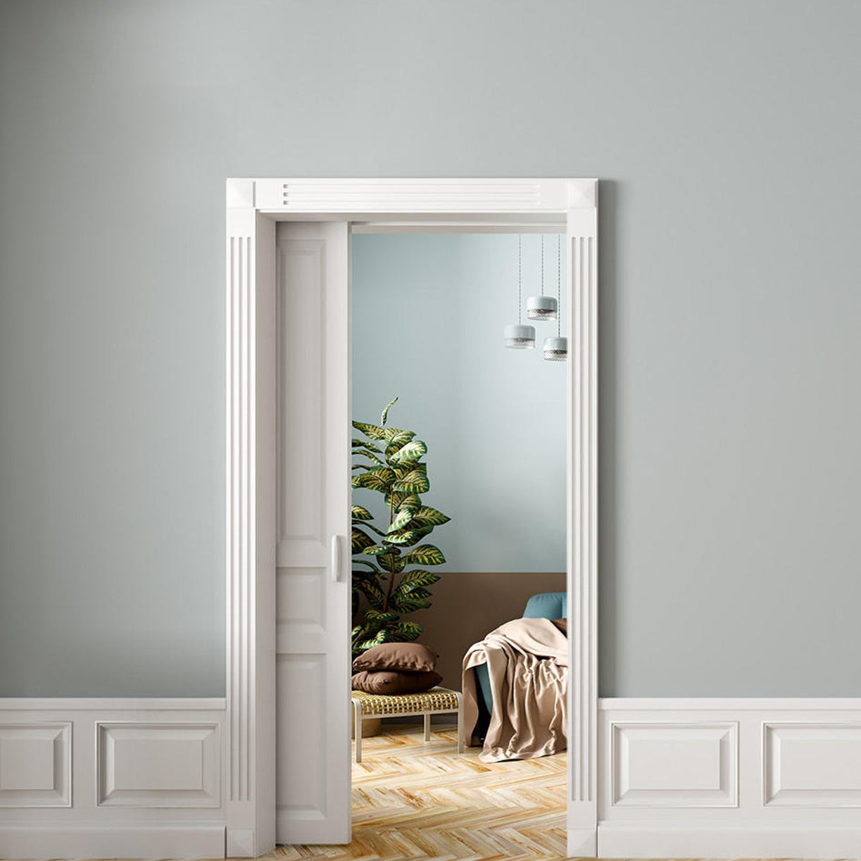 Sliding pocket door system kit with soft close feature, available in silver finish for surface or recessed mounting.