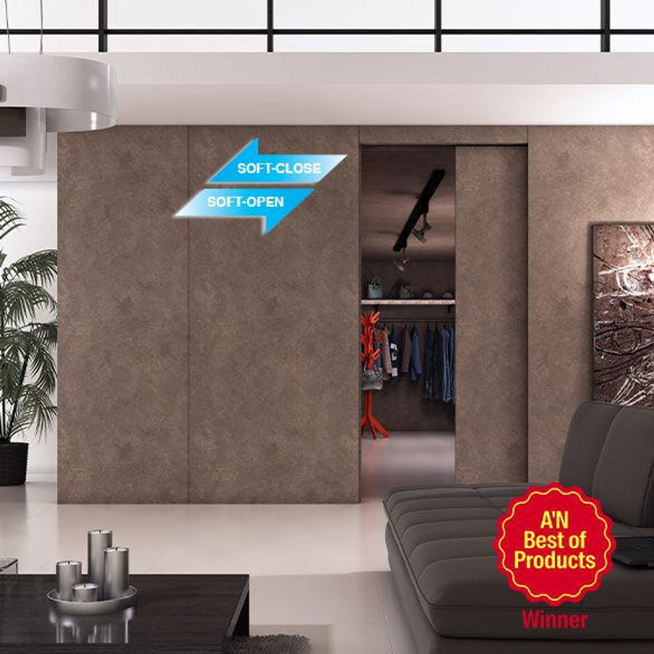 Soft-closing flush sliding door system in black finish, available in heavy or light duty, sold as a set.