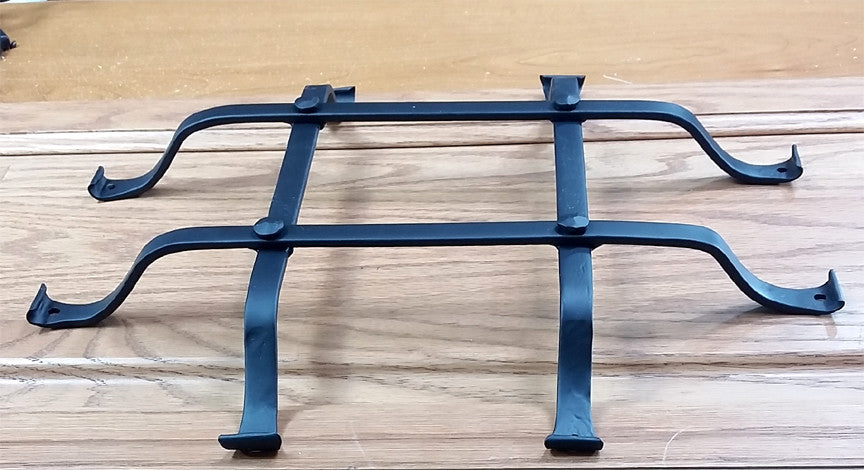 Standard curled tip door and gate grille in black powder coat finish, 12" x 14", featuring 4 bars and flared mounting legs.