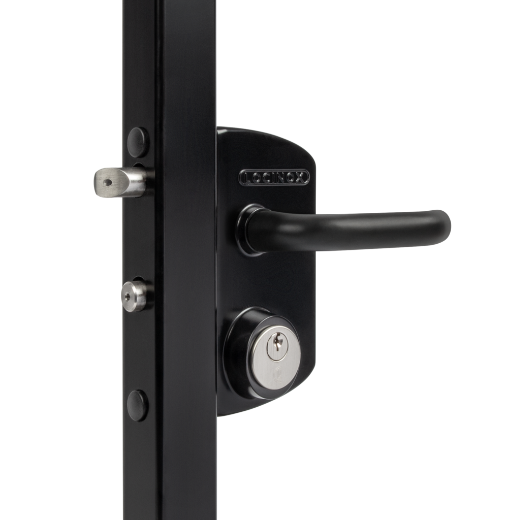Hydraulic self-closing gate hardware kit with lock and hinges for metal gates, supporting up to 330 lb.