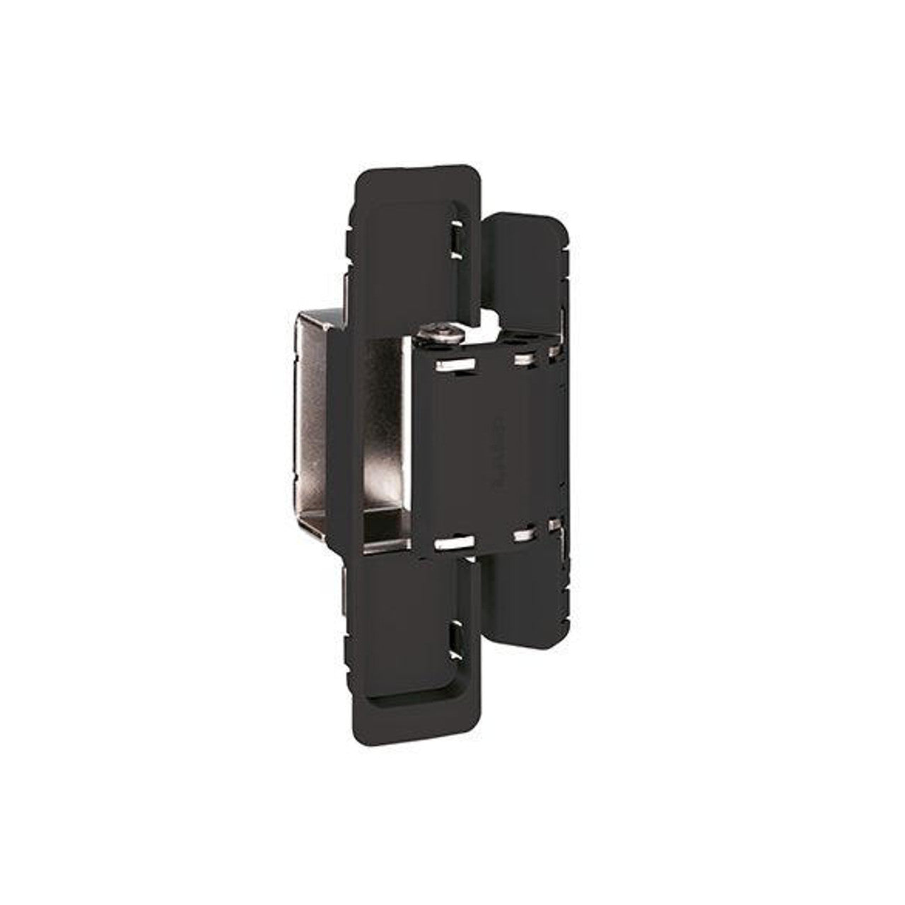 Three-way adjustable concealed door hinge for surface mounting, available in multiple finishes, sold individually.