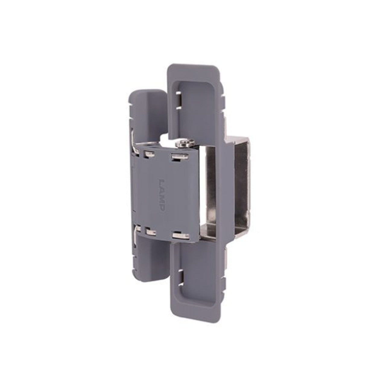 Three-way adjustable concealed door hinge for surface mounting, available in multiple finishes, sold individually.