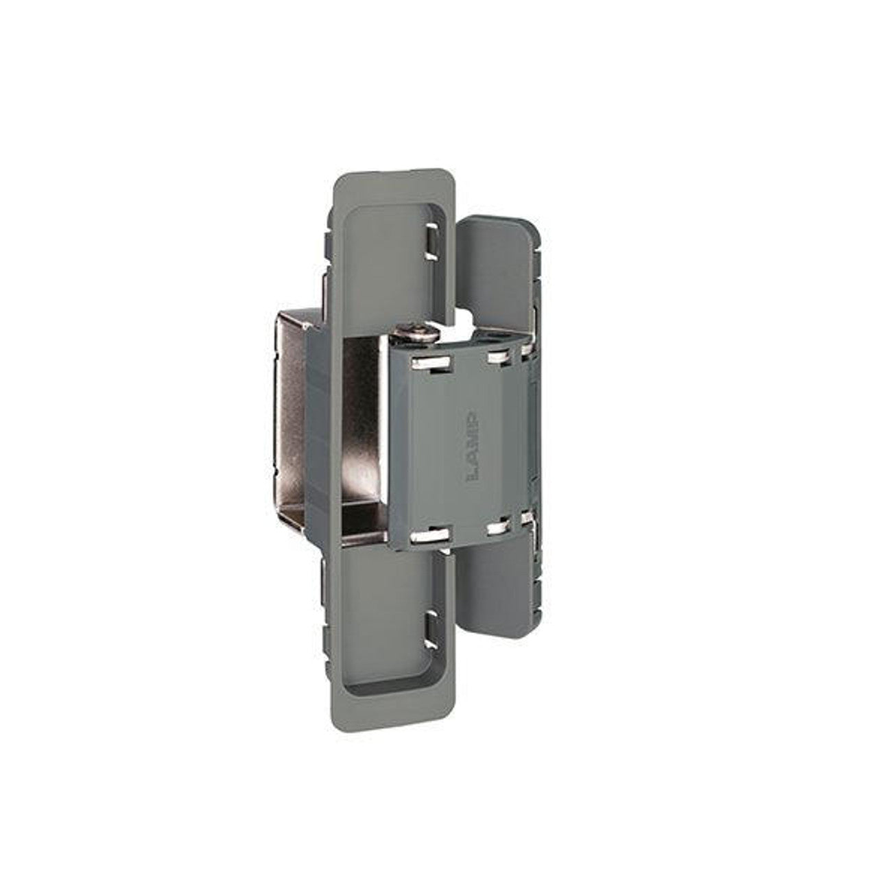 Three-way adjustable concealed door hinge for surface mounting, available in multiple finishes, sold individually.