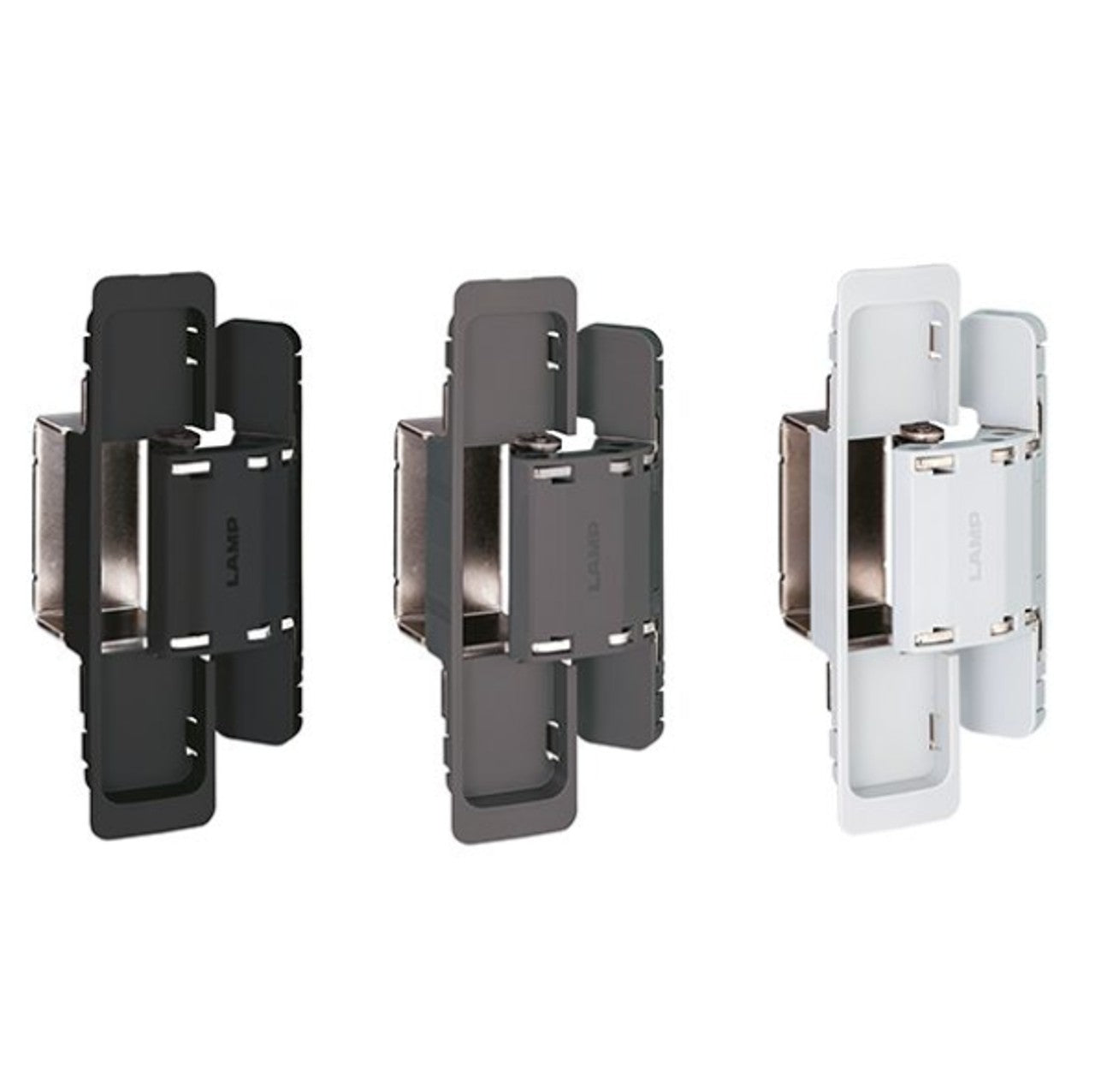 Three-way adjustable concealed door hinge in multiple finishes, ideal for surface mounting and sold individually.