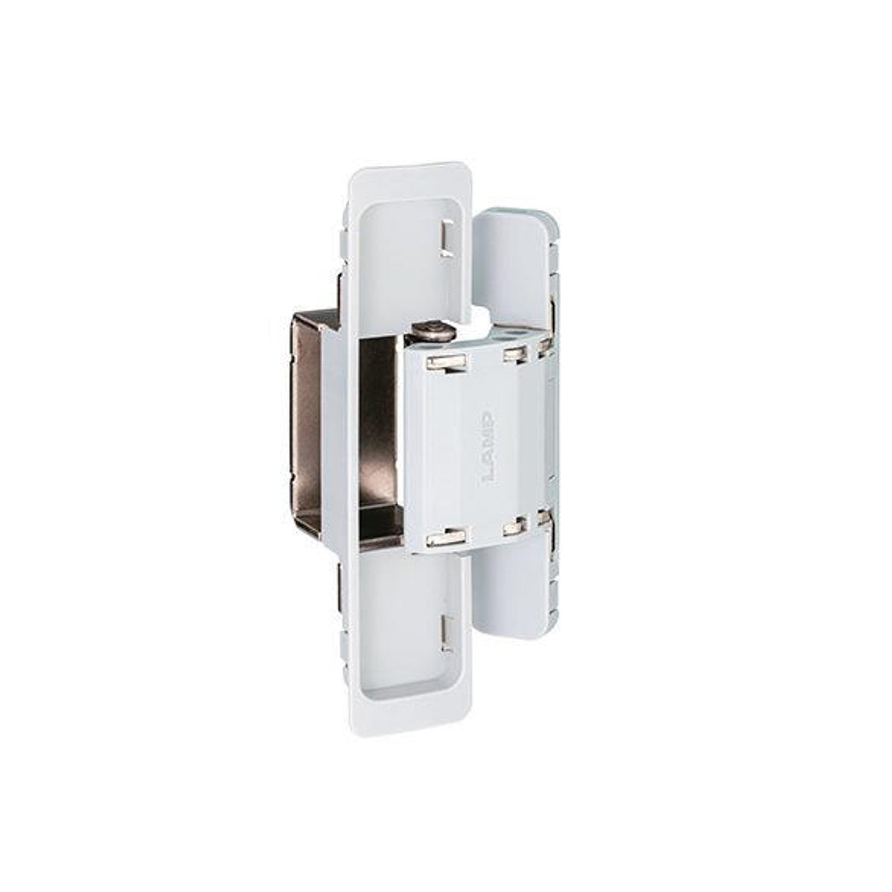 Three-way adjustable concealed door hinge for surface mounting, available in multiple finishes, sold individually.