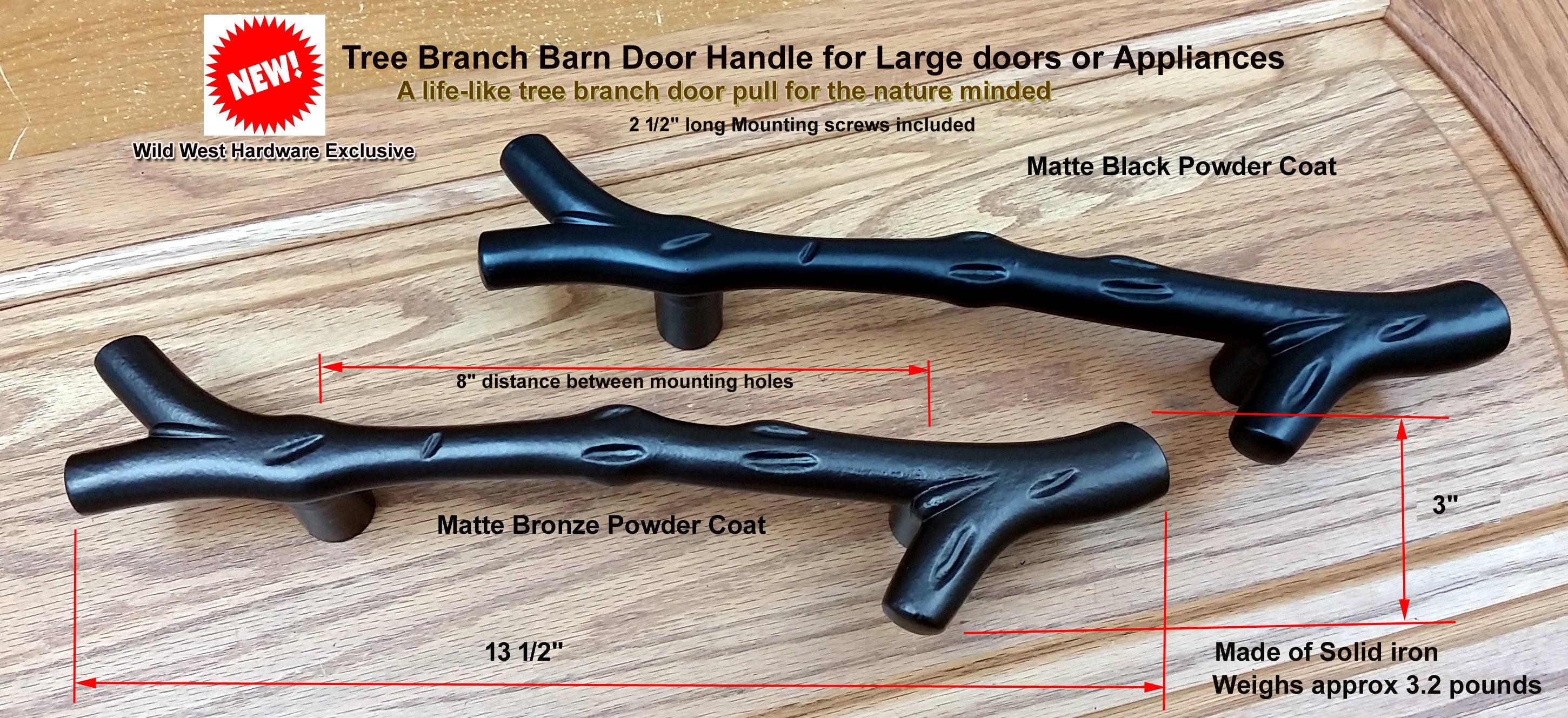 Tree branch handle pull for barn doors, 13-1/2 inches, available in multiple finishes, includes mounting screws.