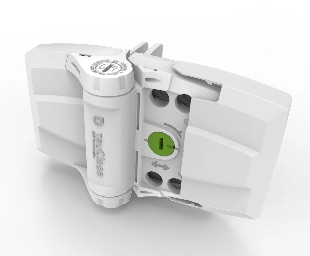 TruClose multi-adjustable heavy-duty gate spring hinges in white, designed for vinyl or composite gates, 2 pack.