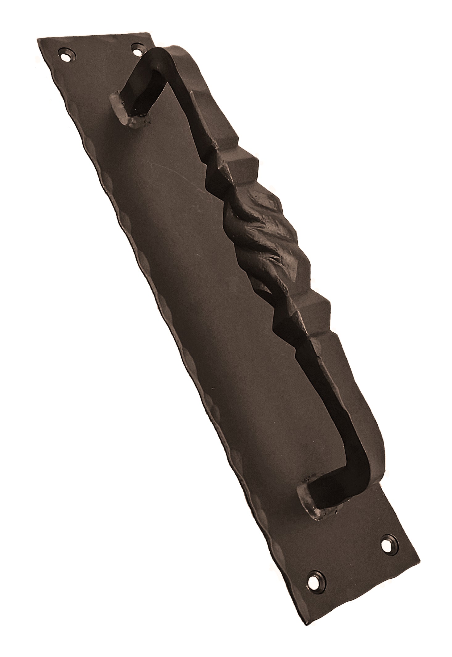 Tuscan door pull with hammered back plate, 14 inches long, available in multiple finishes, sold individually.