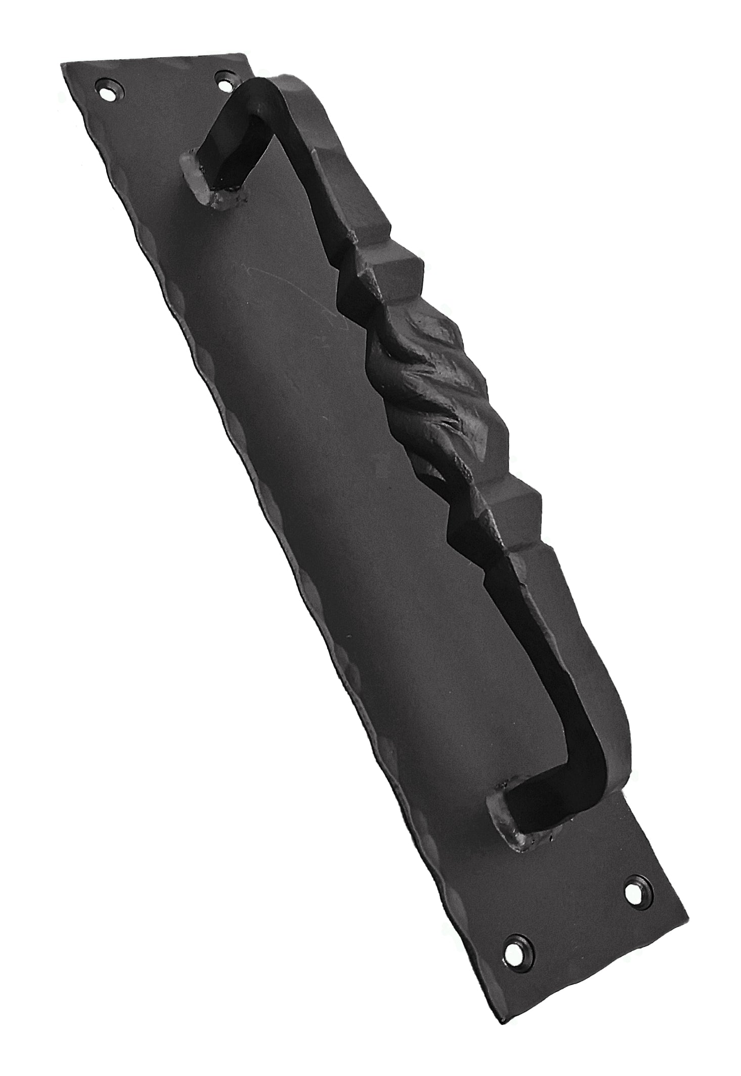 Tuscan door pull with hammered back plate, 14 inches, available in multiple finishes, sold individually.
