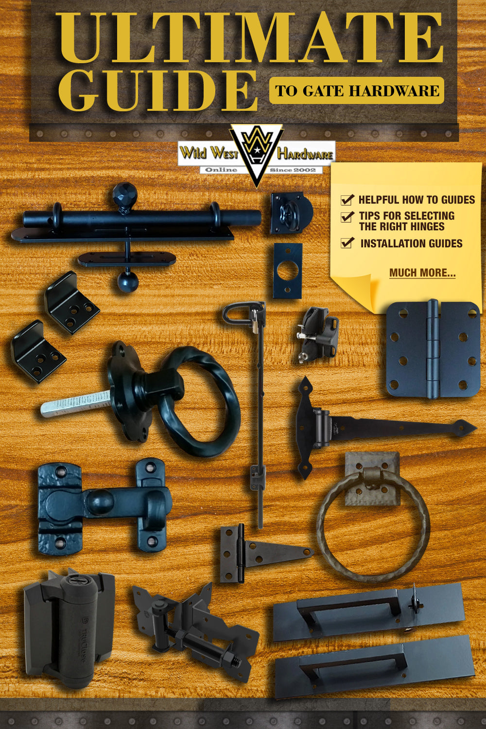 Ultimate Guide to Gate Hardware eBook cover featuring various gate hardware items on a wooden background.