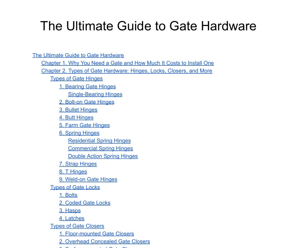 eBook cover for the Ultimate Guide to Gate Hardware, featuring chapters on hinges, locks, and closers for gates.