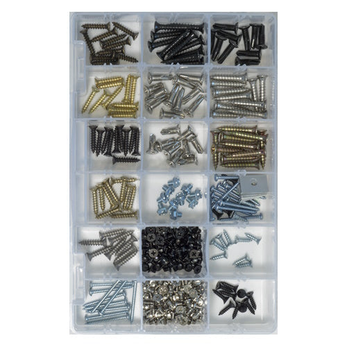 Variety hinge screw kit with assorted screws for residential and commercial hinges, organized in a clear storage container.