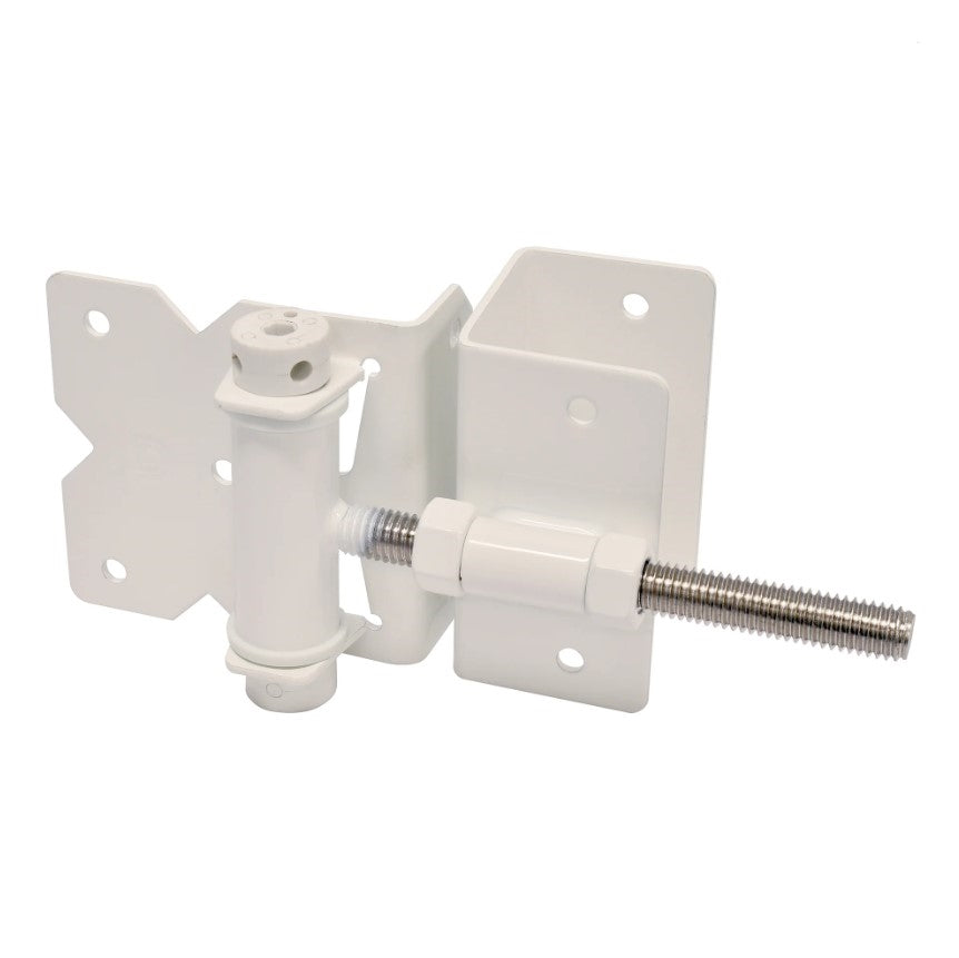 White stainless steel gate hinge designed for 2-inch wrap-around installation, self-closing and tension adjustable.