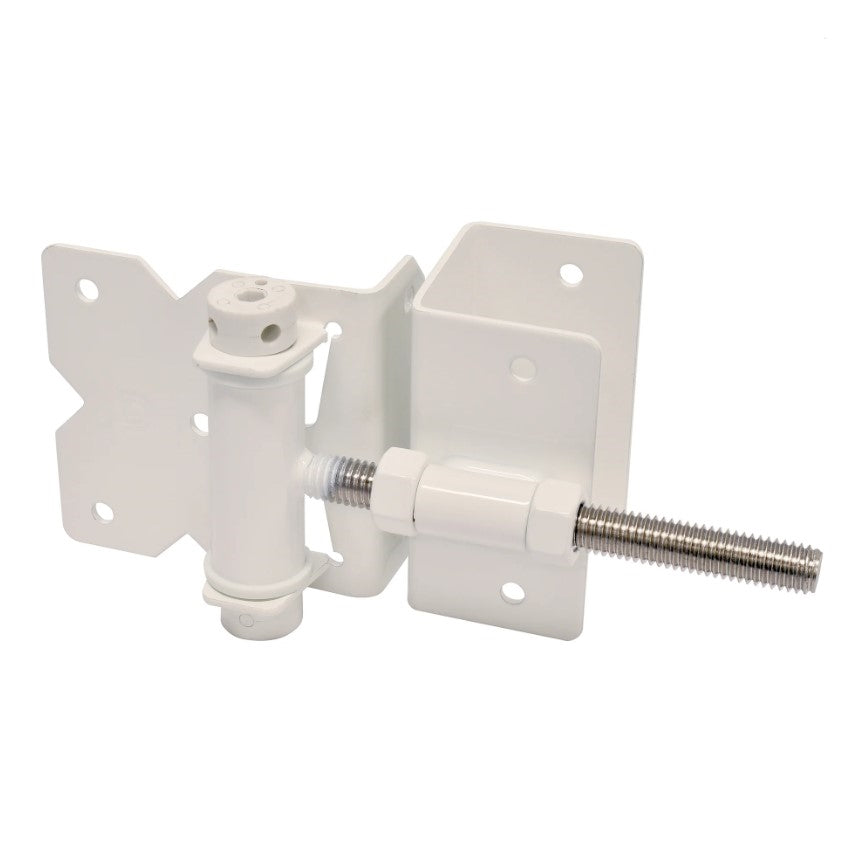 White Stainless Steel Gate Hinge - 2" Wrap-Around - Self-Closing, Tension Adjustable - For Gate Gap (5/8” – 1-3/16”) - 2 Pack