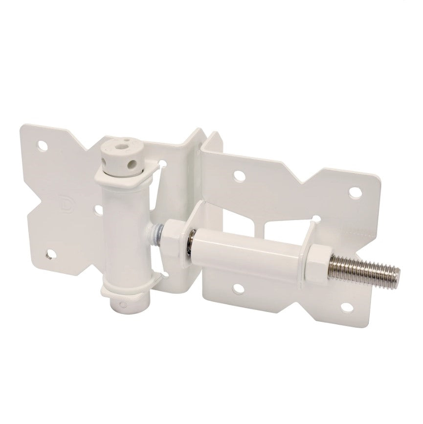 White stainless steel self-closing gate hinge with adjustable tension for gate gaps of 5/8" to 1 3/16", sold in a 2 pack.