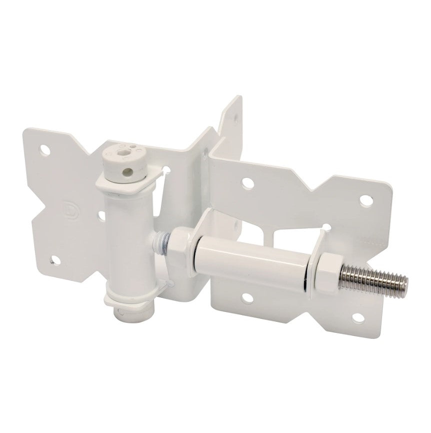 White stainless steel self-closing gate hinge with adjustable tension for gate gaps of 5/8" to 1 3/16", 2 pack.