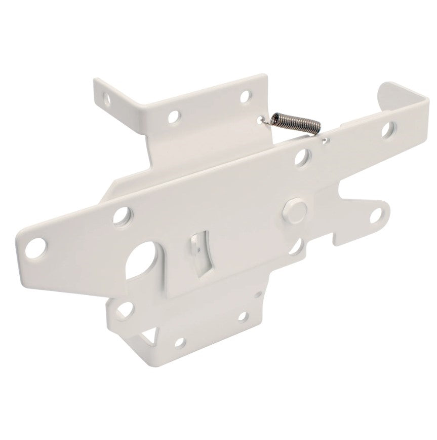 White stainless steel post latch with two-sided locking mechanism, designed for vinyl or wood gates with a gap of 3/4" to 1 1/2".