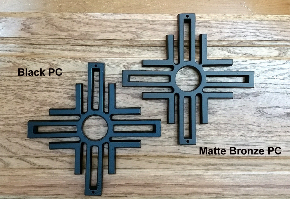 Zia decorative door and gate grille in black and matte bronze finishes, available in multiple sizes, sold individually.
