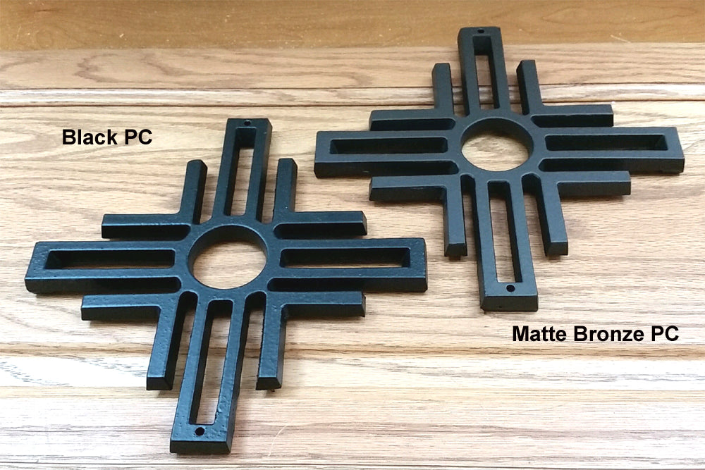 Zia decorative door and gate grille in black and matte bronze finishes, available in multiple sizes, sold individually.