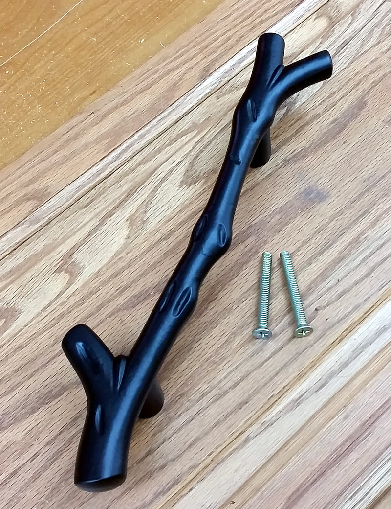 Tree branch handle pull for barn doors, 13-1/2 inches, available in multiple finishes, includes screws.